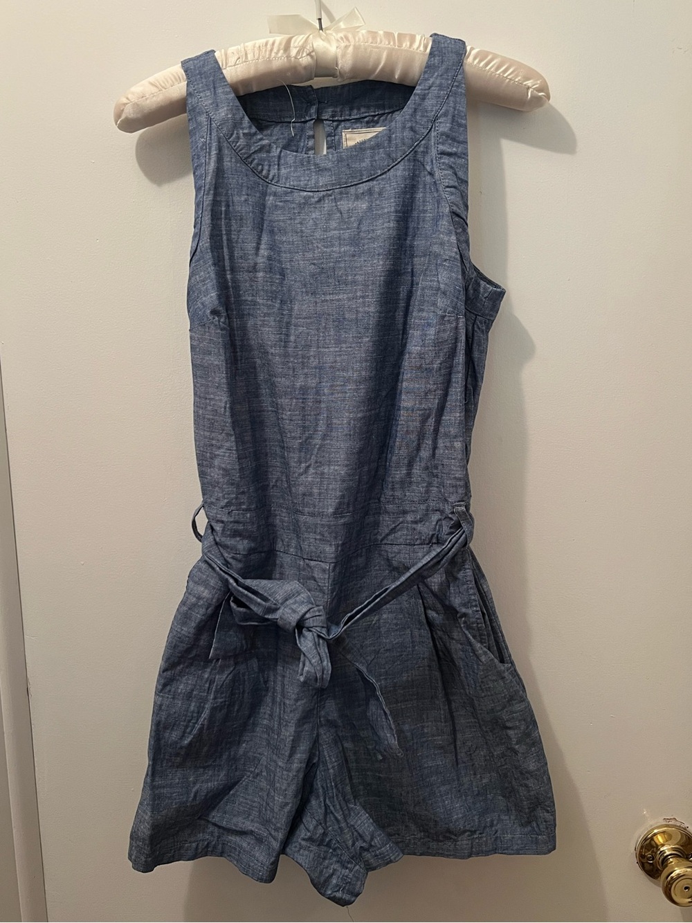 Sleeveless Chambray Tie-Waist Romper in Denim Blue